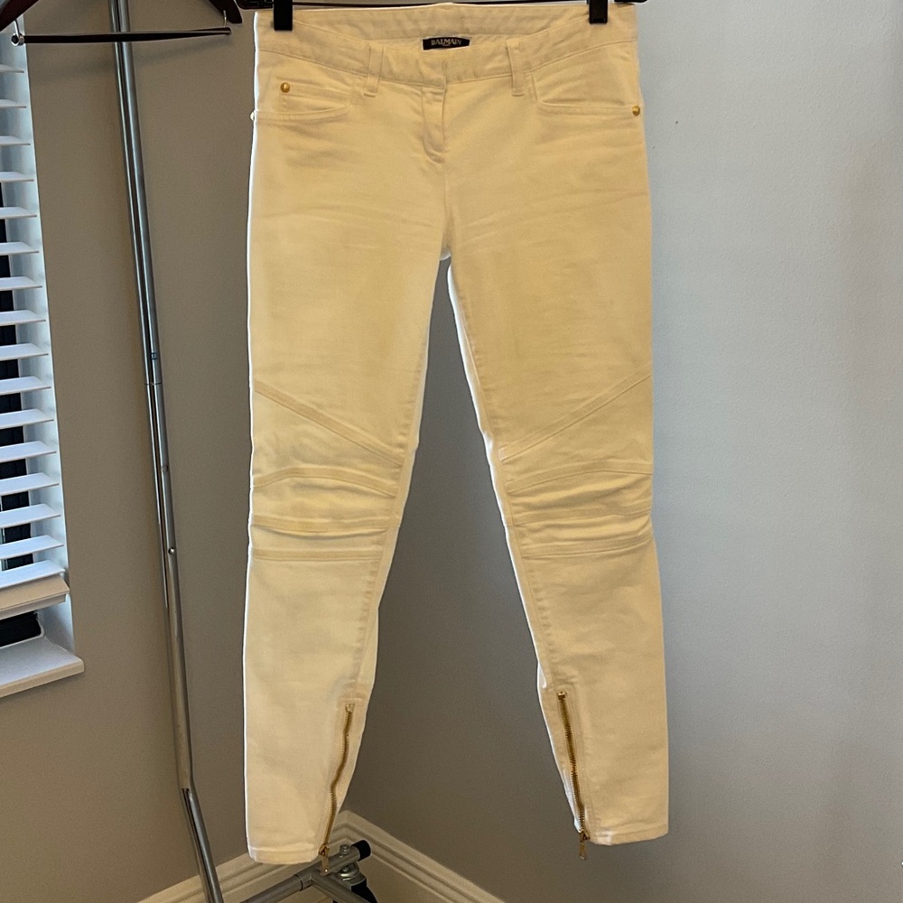 Balmain Cream Skinny Jeans with Gold Zipper Detail